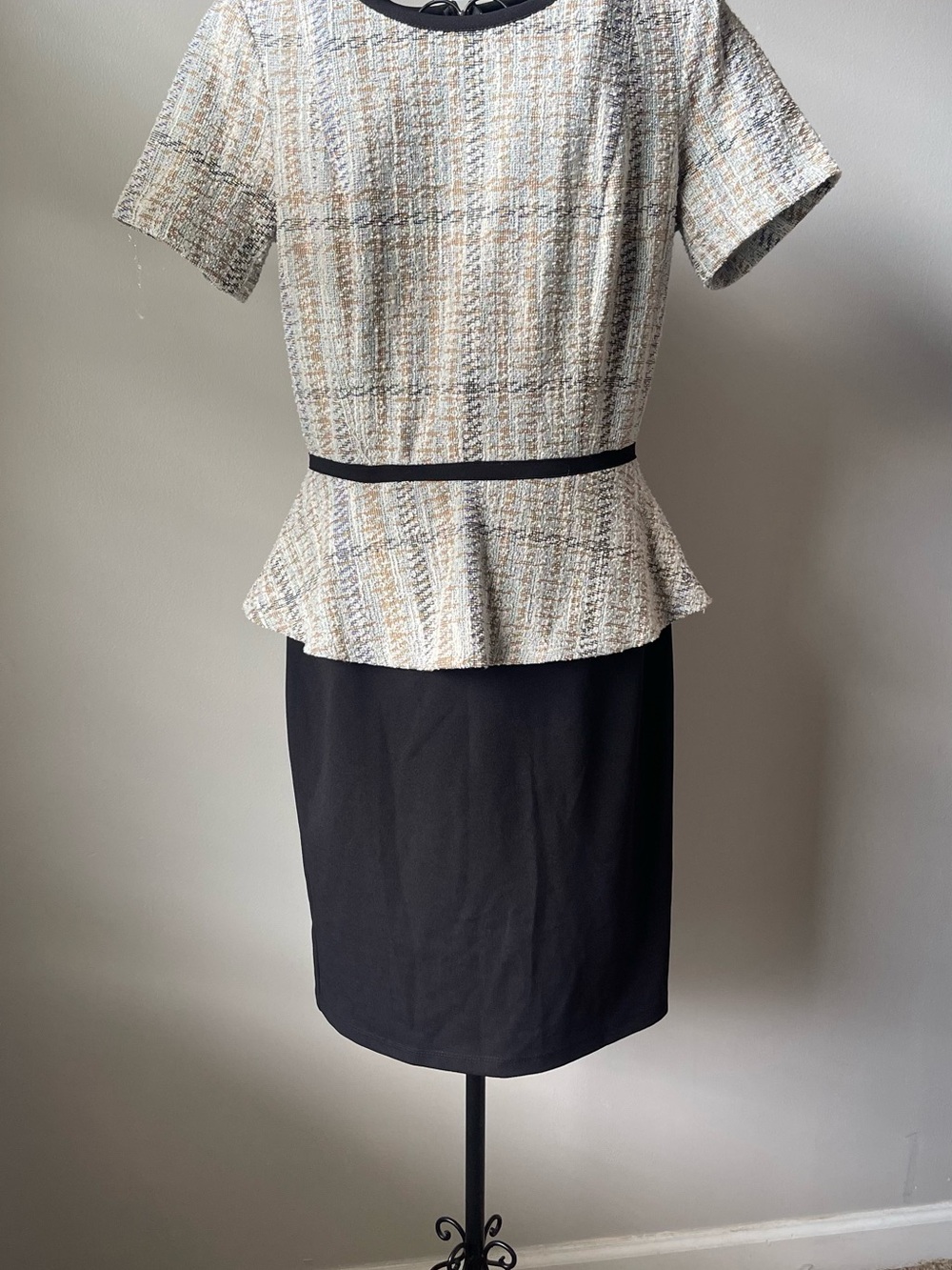 Black Pencil Skirt Dress with Cream Tweed Peplum Top